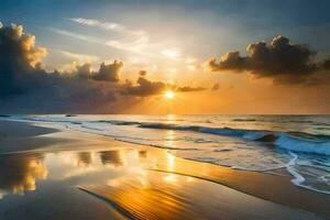 de zon stijgt over- de oceaan en wolken Aan de strand. ai-gegenereerd foto