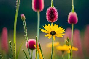 geel en roze bloemen in een veld. ai-gegenereerd foto