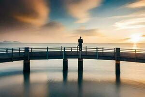 een Mens staand Aan een pier op zoek uit Bij de oceaan. ai-gegenereerd foto