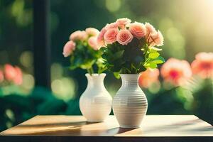 twee wit vazen met roze rozen Aan een tafel. ai-gegenereerd foto