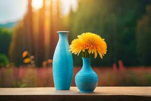 twee blauw vazen met geel bloemen Aan een houten tafel. ai-gegenereerd foto