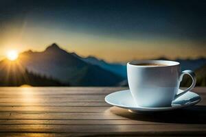 een kop van koffie Aan een houten tafel in de bergen. ai-gegenereerd foto