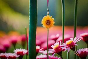 een geel bloem is staand in voorkant van een veld- van roze bloemen. ai-gegenereerd foto