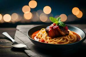 spaghetti met vlees en tomaat saus in een schaal. ai-gegenereerd foto