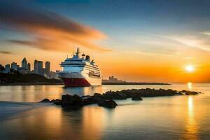 een reis schip in de oceaan Bij zonsondergang. ai-gegenereerd foto