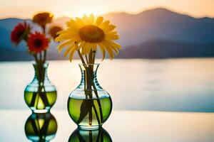 zonnebloemen in vazen Aan een tafel met bergen in de achtergrond. ai-gegenereerd foto