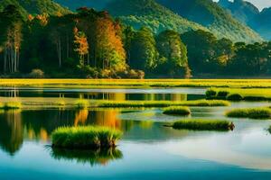 een mooi landschap met bergen en water. ai-gegenereerd foto