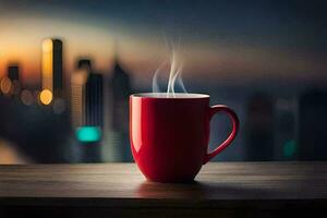 een kop van koffie Aan een tafel in voorkant van een stadsgezicht. ai-gegenereerd foto