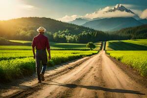 een Mens wandelen naar beneden een aarde weg in de midden- van een groen veld. ai-gegenereerd foto