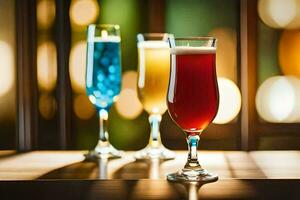 drie bril van verschillend gekleurde drankjes zitten Aan een tafel. ai-gegenereerd foto
