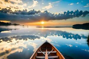 een kano is drijvend Aan de kalmte water Bij zonsondergang. ai-gegenereerd foto