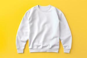 blanco wit sweater mockup Aan geel achtergrond ai gegenereerd foto