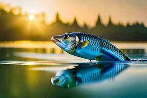 een vis is drijvend Aan de water Bij zonsondergang. ai-gegenereerd foto
