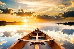 de boot is Aan de kalmte water Bij zonsondergang. ai-gegenereerd foto