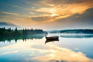 een boot Aan een kalmte meer Bij zonsopkomst. ai-gegenereerd foto