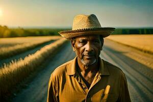 een Afrikaanse Mens in een rietje hoed staand in een veld. ai-gegenereerd foto