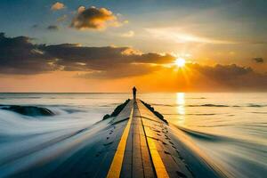 een Mens staat Aan een pier op zoek uit Bij de oceaan Bij zonsondergang. ai-gegenereerd foto