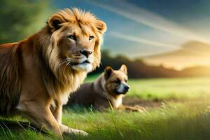 twee leeuwen in de gras met de zon in de achtergrond. ai-gegenereerd foto