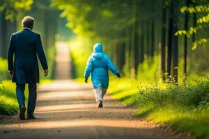 een Mens en vrouw wandelen naar beneden een pad in de bossen. ai-gegenereerd foto