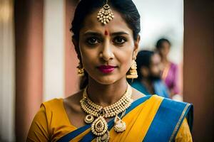 een vrouw in een geel sari met goud sieraden. ai-gegenereerd foto