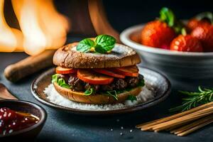 een Hamburger met groenten en aardbeien Aan een bord. ai-gegenereerd foto
