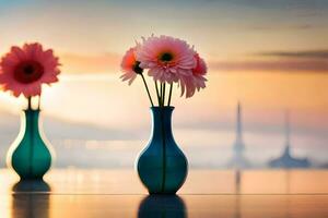 twee vazen met roze bloemen zittend Aan een tafel. ai-gegenereerd foto