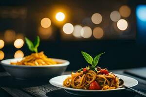 spaghetti met tomaat saus en basilicum bladeren Aan een houten tafel. ai-gegenereerd foto
