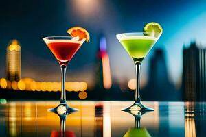 twee kleurrijk cocktails Aan een tafel met stad lichten in de achtergrond. ai-gegenereerd foto