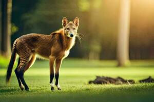 een wild hond staand in de gras. ai-gegenereerd foto