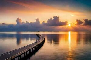 een lang pier met de zon instelling over- de water. ai-gegenereerd foto