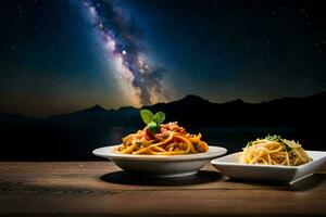 pasta met saus en groenten Aan een houten tafel met melkachtig in de achtergrond. ai-gegenereerd foto