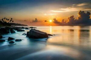 de zon stijgt over- de oceaan en rotsen. ai-gegenereerd foto