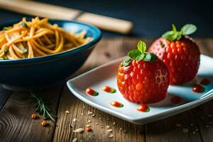 twee aardbeien Aan een bord met een kom van pasta. ai-gegenereerd foto