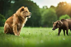 een leeuw en een koe in een veld. ai-gegenereerd foto
