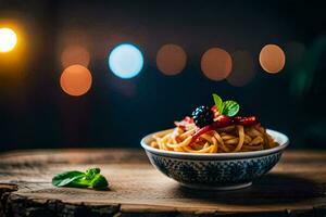 een kom van pasta met bramen en tomaten Aan een houten tafel. ai-gegenereerd foto