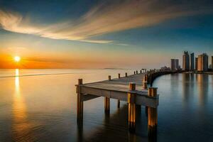 een pier in de oceaan Bij zonsondergang met een stad in de achtergrond. ai-gegenereerd foto