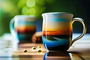 twee koffie cups met een zonsondergang visie Aan een tafel. ai-gegenereerd foto