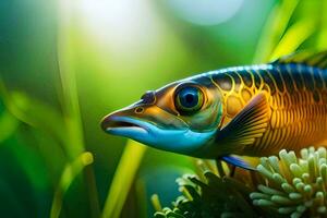 een vis met helder blauw ogen is zittend Aan top van groen gras. ai-gegenereerd foto