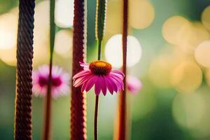 een roze bloem is staand in voorkant van sommige houten palen. ai-gegenereerd foto