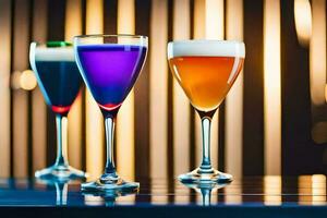 drie bril van verschillend gekleurde drankjes Aan een tafel. ai-gegenereerd foto