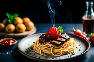 spaghetti met vlees en aardbeien Aan een bord. ai-gegenereerd foto