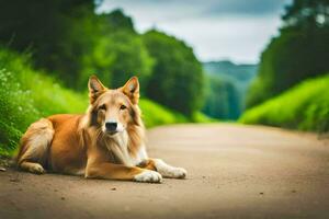 een hond houdende Aan de weg in de midden- van een Woud. ai-gegenereerd foto