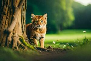 een kat is staand in de gras in de buurt een boom. ai-gegenereerd foto