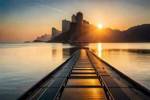 een pier Leidt naar een strand Bij zonsondergang met bergen in de achtergrond. ai-gegenereerd foto