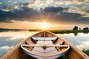 de boot is Aan de water Bij zonsondergang. ai-gegenereerd foto