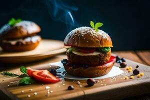 twee hamburgers Aan een houten snijdend bord. ai-gegenereerd foto