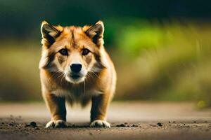 een hond is staand Aan de weg in voorkant van een wazig achtergrond. ai-gegenereerd foto