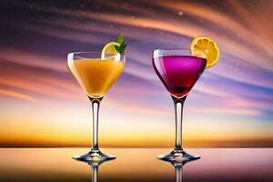 twee bril van cocktails met een zonsondergang in de achtergrond. ai-gegenereerd foto