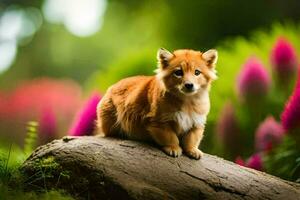 een puppy is zittend Aan een log in een veld- van bloemen. ai-gegenereerd foto