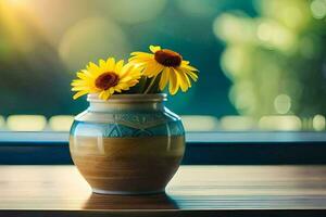 geel bloemen in een vaas Aan een tafel. ai-gegenereerd foto